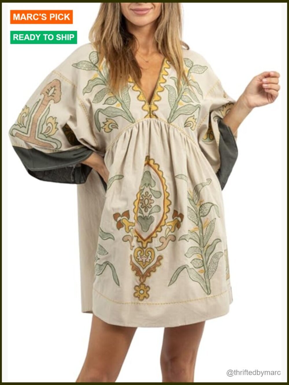 Womens Oversized Vintage Embroidered Babydoll Dress V-Neck 3/4 Sleeves